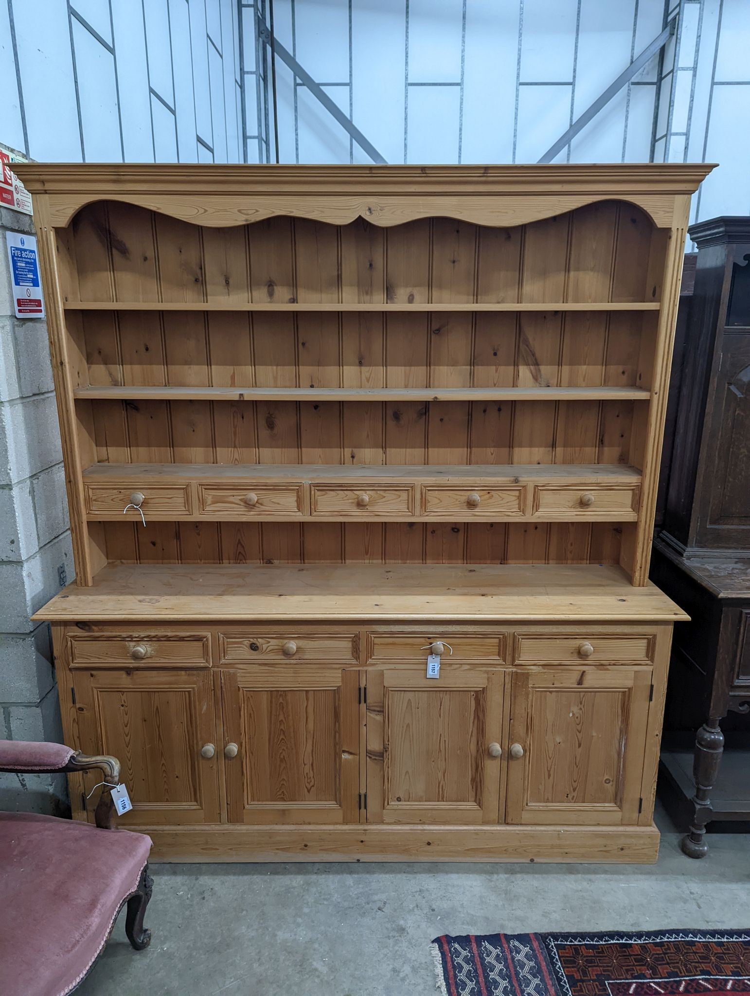A Victorian style pine dresser, length 182cm, depth 42cm, height 199cm